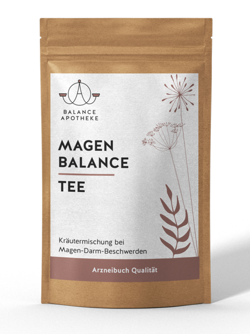 Verpackung des Magen Balance Tee der Balance Apotheke. Kräutermischung bei Magen-Darm-Beschwerden in Arzneibuch Qualität in einem braunen Standbodenbeutel.