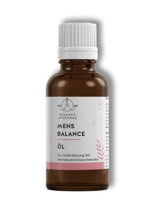 Flasche Mens Balance Öl der Balance Apotheke auf grauem Hintergrund. Das Öl hilft bei Menstruationsbeschwerden.