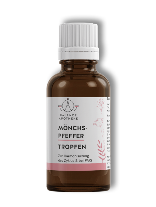 Flasche mit Balance Apotheke Mönchspfeffer Tropfen auf grauem Hintergrund. Das Bild zeigt die Vorderseite der Flasche mit dem Produktnamen, dem Logo der Apotheke und den wichtigsten Informationen zur Anwendung.