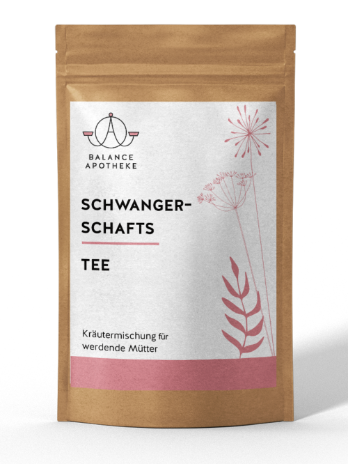 Brauner Papierteebeutel auf grauem Hintergrund mit weißem Etikett mit rosa floralen Elementen. Schwangerschaftstee - Kräutermischung für werdende Mütter der Balance Apotheke.