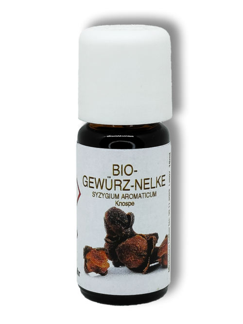 Nahaufnahme einer 10ml-Flasche mit Nelke Ätherisches Öl Bio 10ml. Das Etikett zeigt den Namen des Öls, den botanischen Namen der Pflanze (Syzygium aromaticum) und die Herkunft (Knospe).