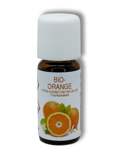 Flasche Orange Ätherisches Öl Bio 10ml mit Orangenschalen und Blättern auf grauem Hintergrund