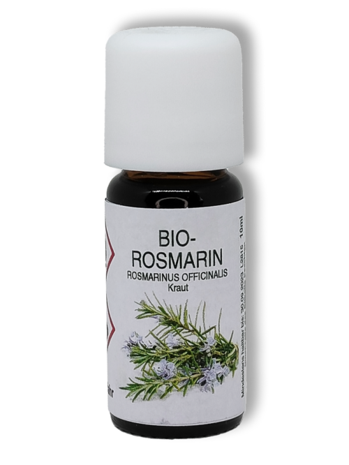 Rosmarin Ätherisches Öl Bio in einer 10ml-Flasche mit Bio-Zertifizierung.