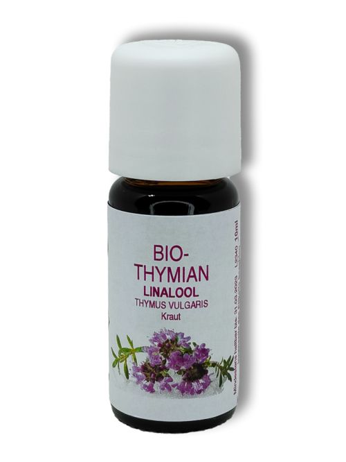 Flasche mit Thymian Linalool Ätherisches Öl Bio 10ml in Bio-Qualität. Das Öl ist linaloolhaltig und wird aus Thymus vulgaris (Kraut) gewonnen.