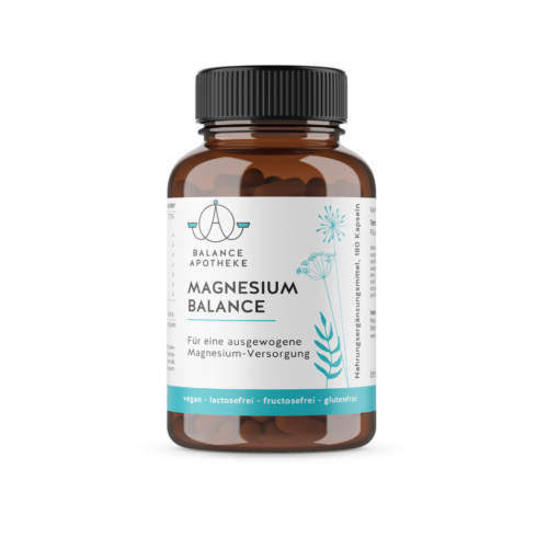 Braune Glasdose mit Magnesium Balance Kapseln der Balance Apotheke. 180 Stück Vorteilspackung für eine ausgewogene Magnesium-Versorgung. Vegan, lactosefrei und glutenfrei.